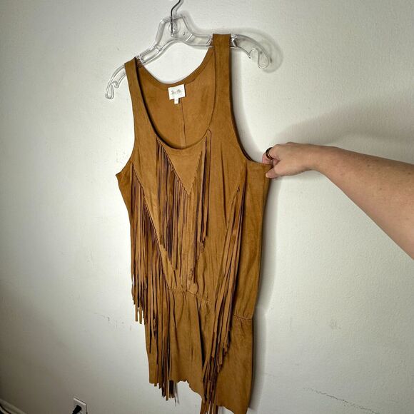 Belair Calvi Camel-Tan Goat Suede Sleeveless Fringed Scoop Neck Mini Dress T2 - Picture 4 of 16